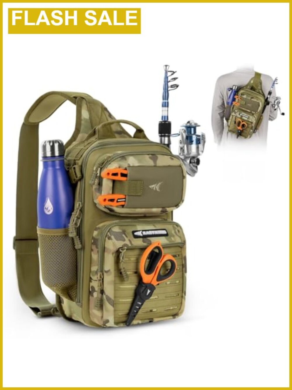Fishing Sling Backpack with Rod Holder, Tactical Molle System, Water Repellent,